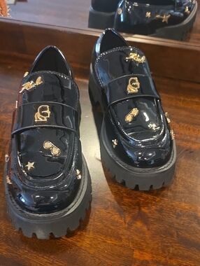 Karl Lagerfeld Black Patent Loafers with Gold Hardware